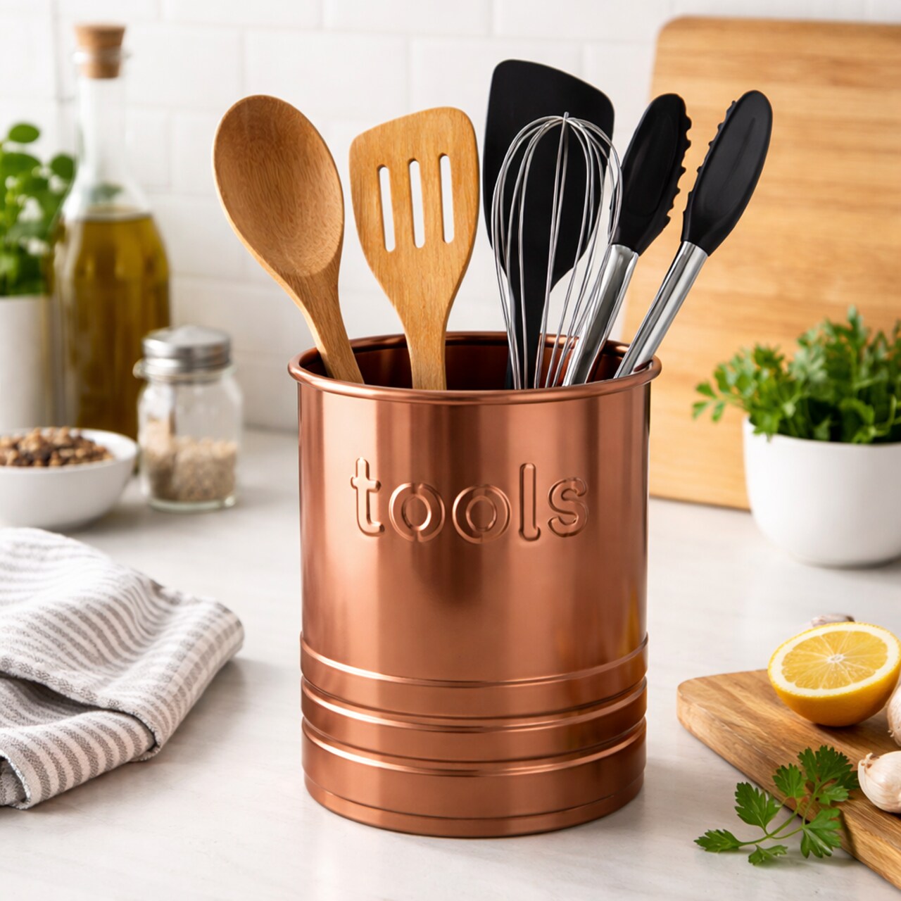 Copper Finish Stainless Steel Utensil Holder with Embossed “TOOLS” Design – 2 Quart Kitchen Organizer, Durable Countertop Storage, Dishwasher Safe